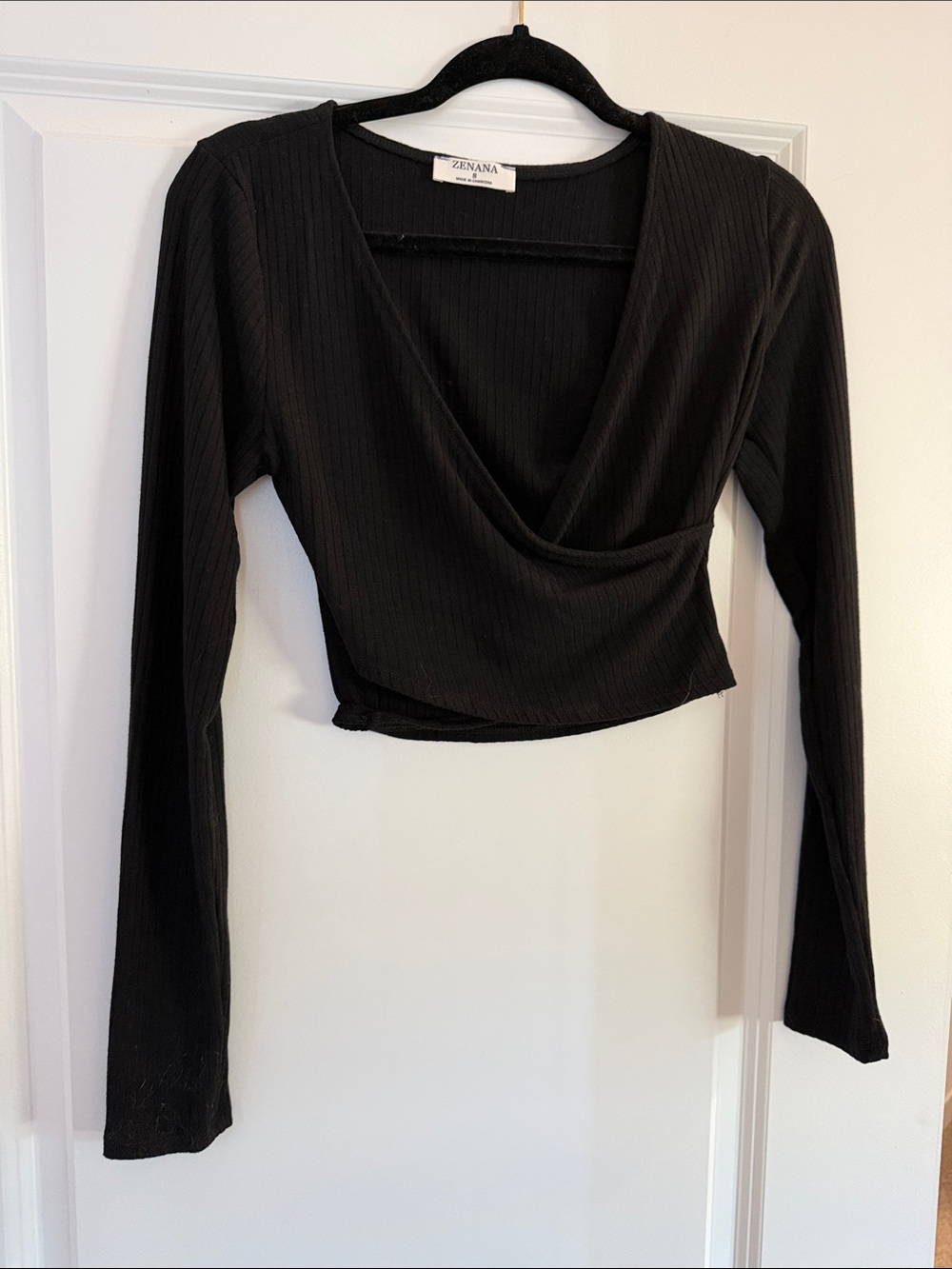 Zenana Outfitters Black Ribbed Draped Wrap Crop Top
